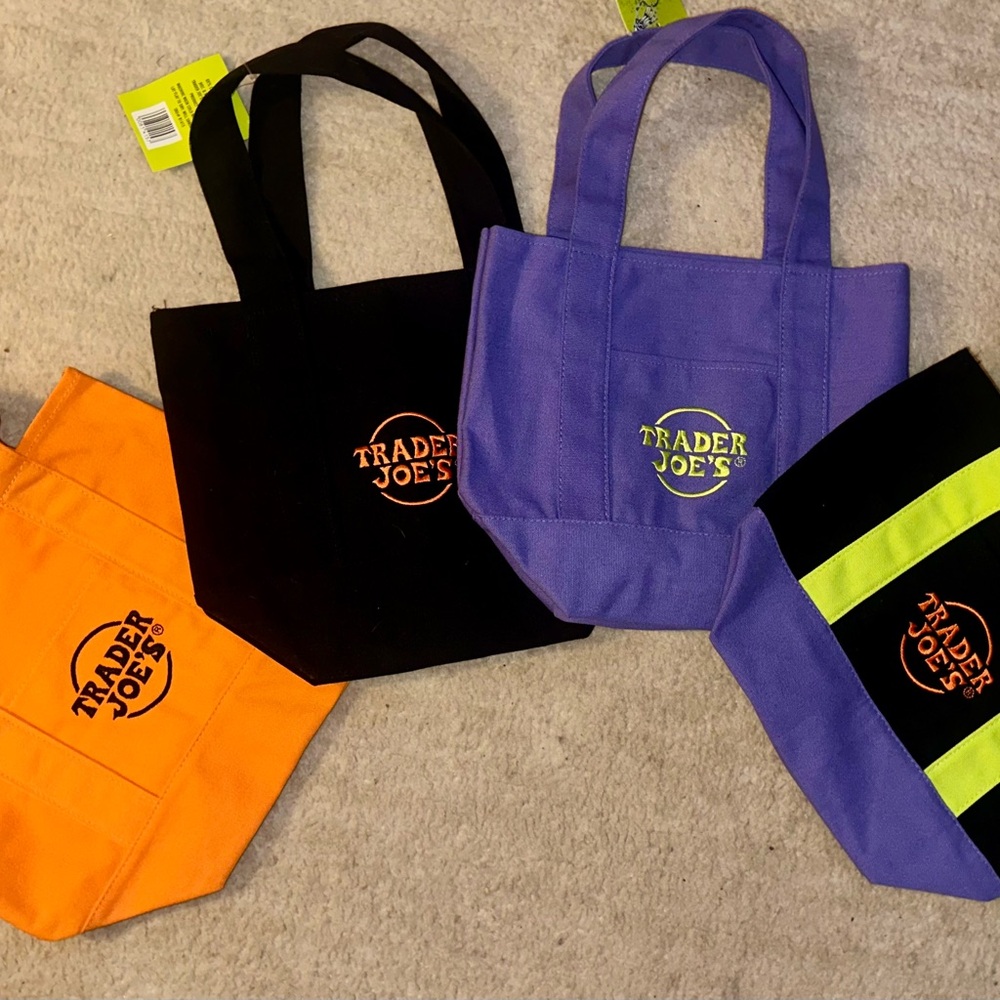 NWT Trader Joe's Halloween Tote Bag Set - Black, Purple, Orange & Neon Green.